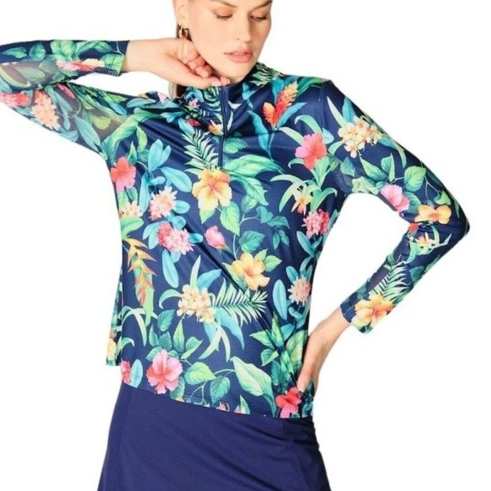 NWT Gottex Lifestyle Athletic Golf & Tennis Long Sleeve Botanical Flower Top S